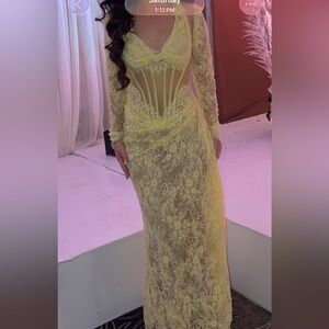 Elegant Yellow Lace  Mimoza Kadriaj Evening Gown
